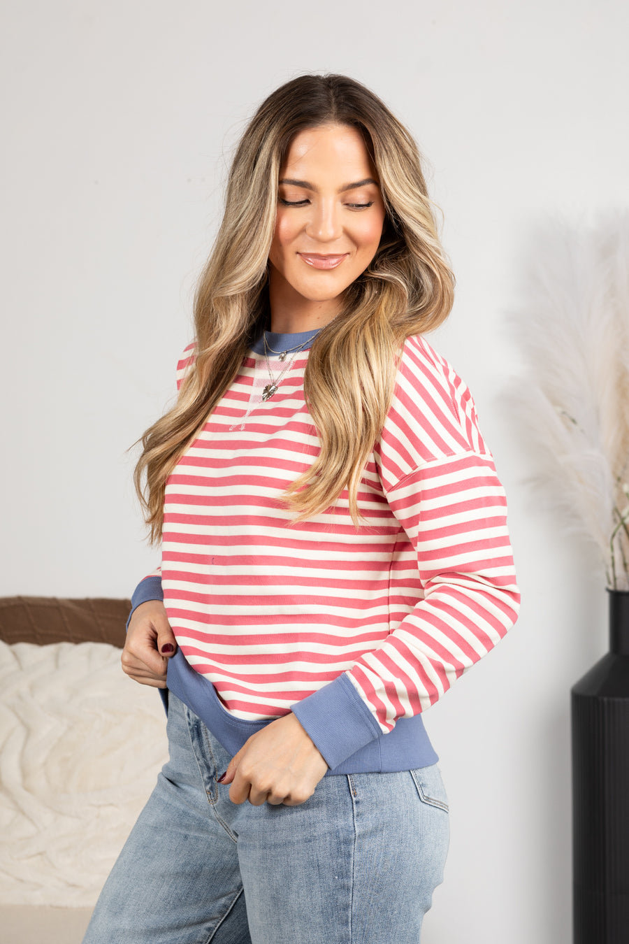 Crewneck Stripe Long Sleeve Knit Top