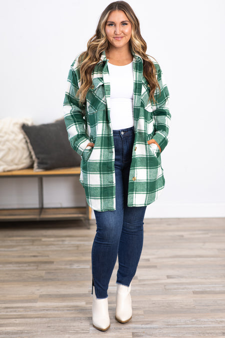 Green and White Plaid Shacket With Pockets