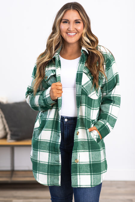 Green and White Plaid Shacket With Pockets