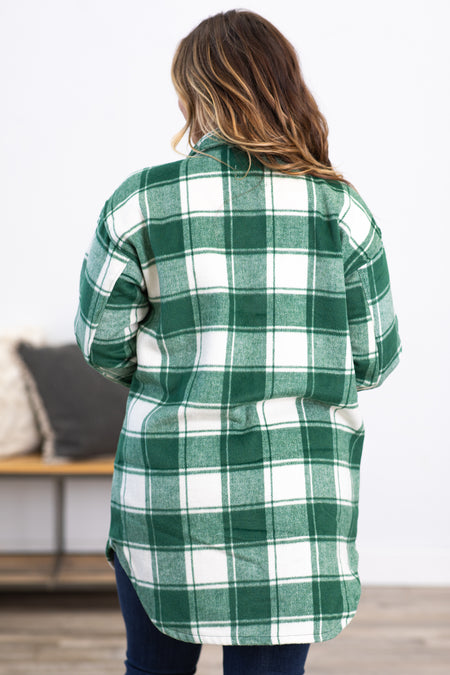 Green and White Plaid Shacket With Pockets