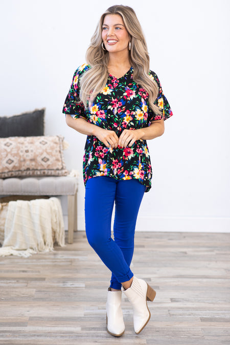 Black Multicolor Floral Print V-Neck Top