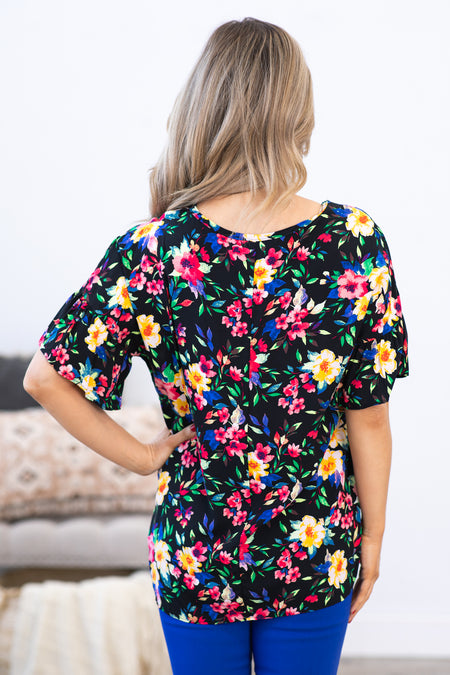 Black Multicolor Floral Print V-Neck Top