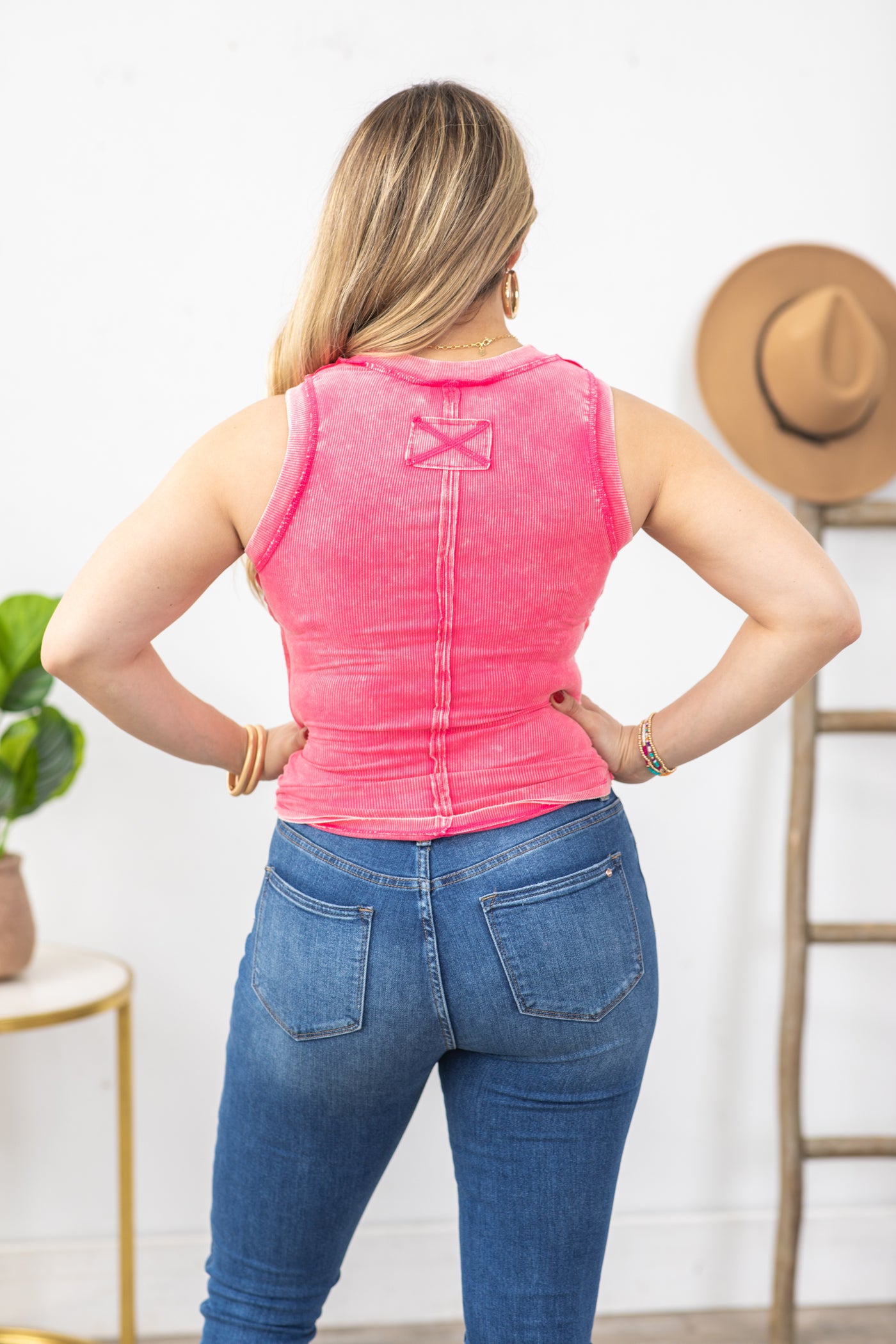 Pink Washed Ribbed Scoop Neck Tank Top