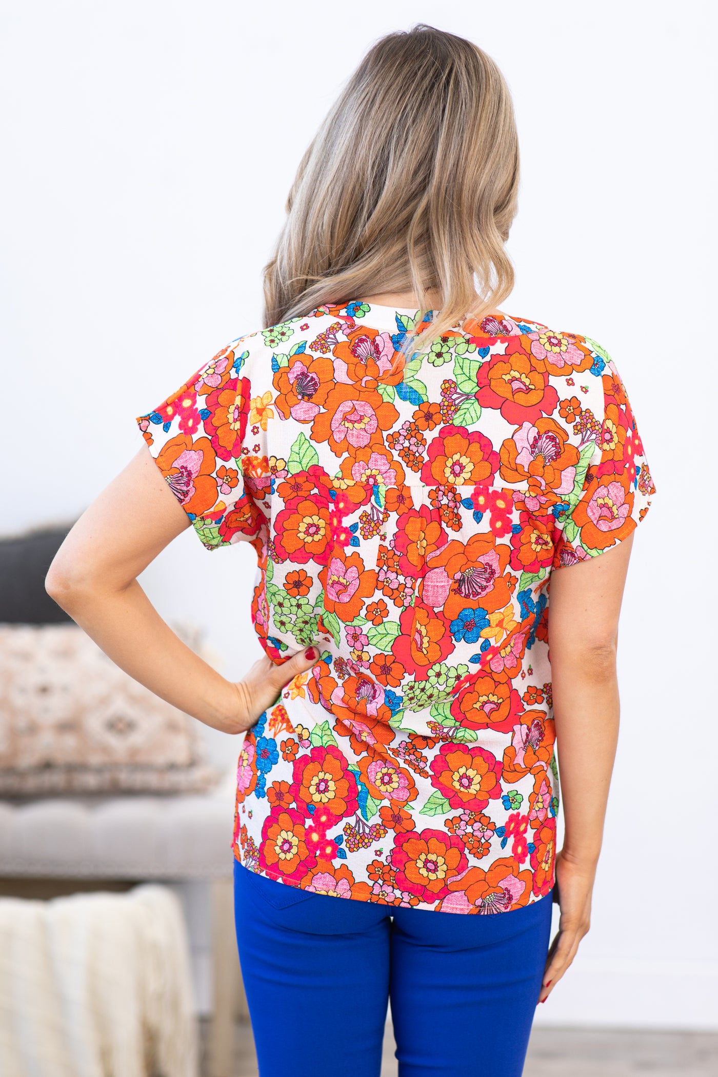 Orange Multicolor Floral Notch Neck Top