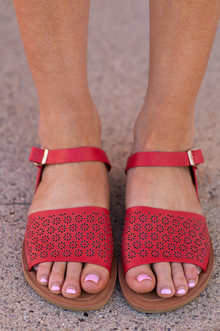 Red Perforated Floral Sandal