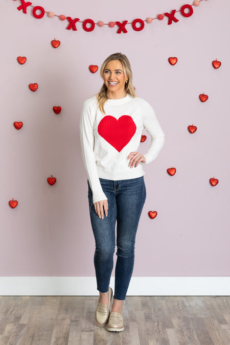 Ivory Heart Raglan Sleeve Pullover Sweater