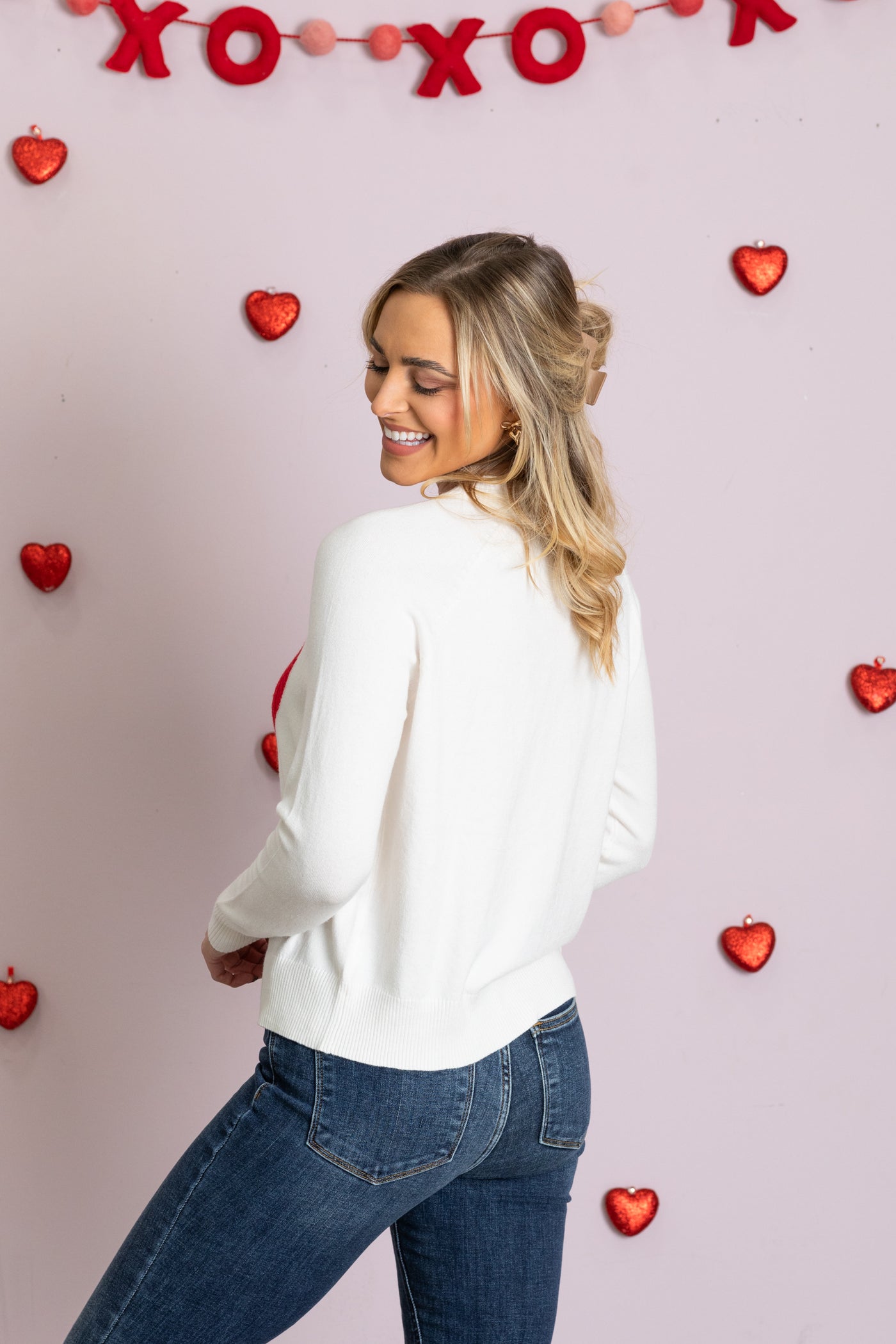 Ivory Heart Raglan Sleeve Pullover Sweater