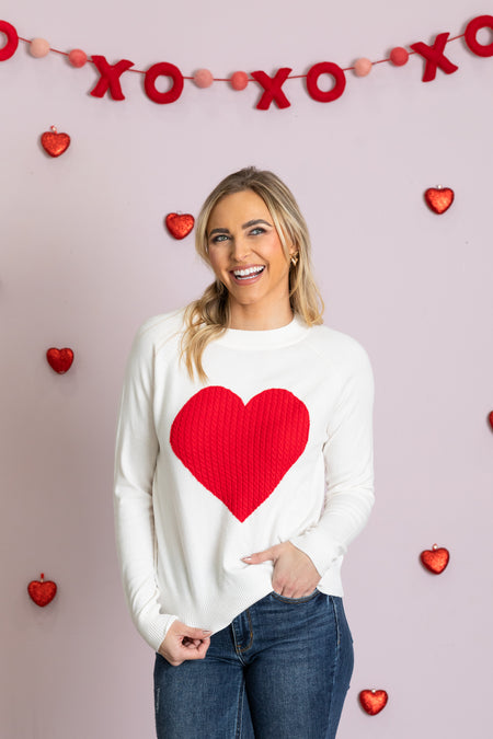 Ivory Heart Raglan Sleeve Pullover Sweater