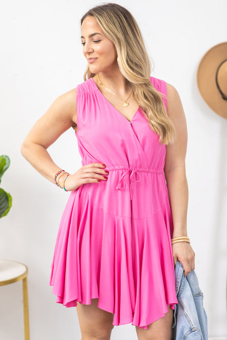 Hot Pink Surplice Front Godet Skirt Dress