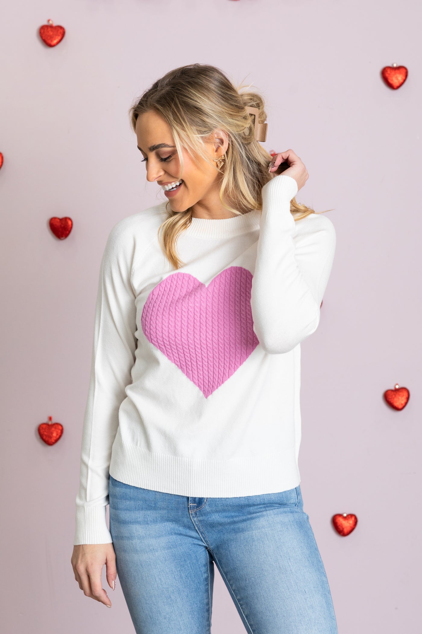 Ivory Heart Raglan Sleeve Pullover Sweater