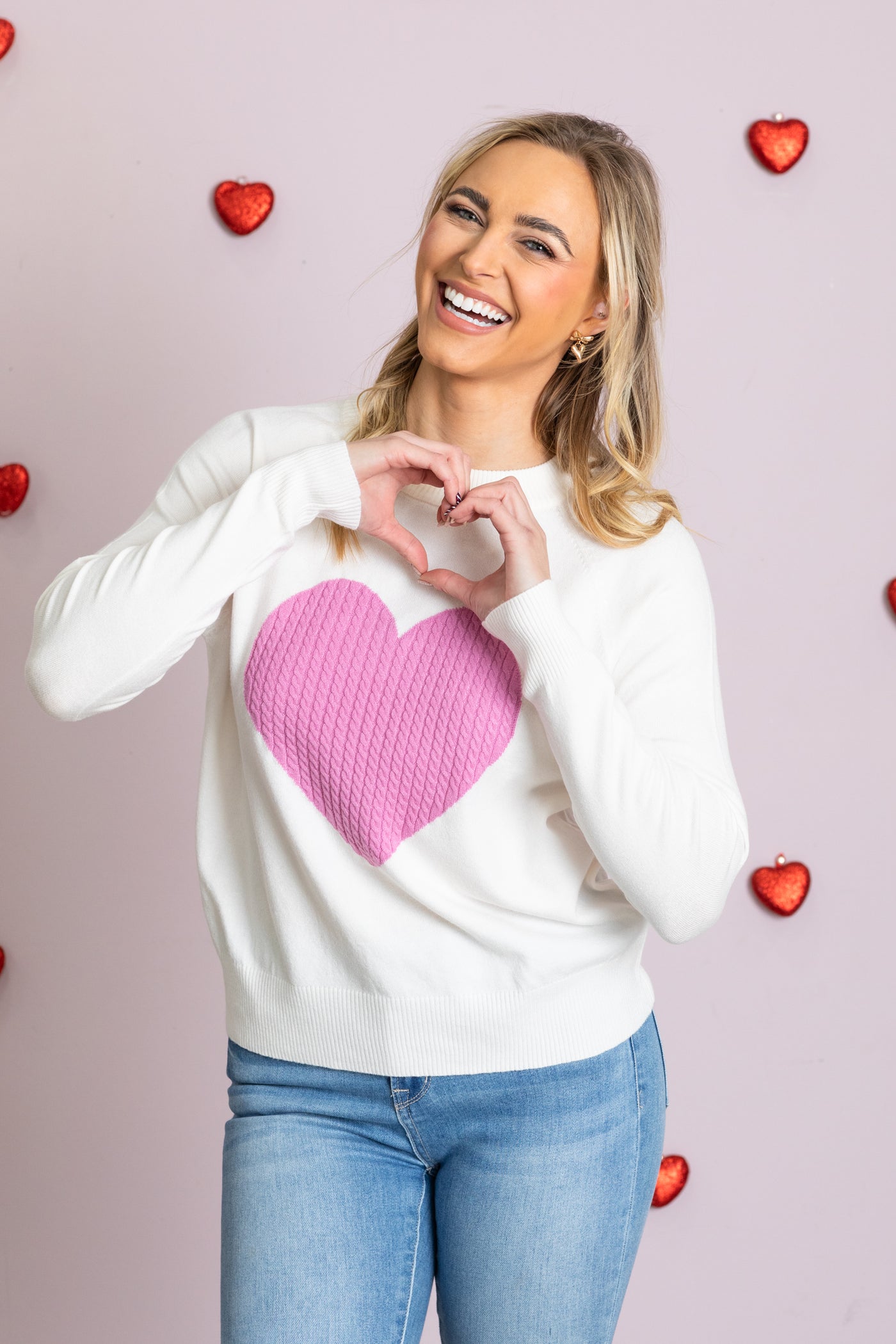 Ivory Heart Raglan Sleeve Pullover Sweater