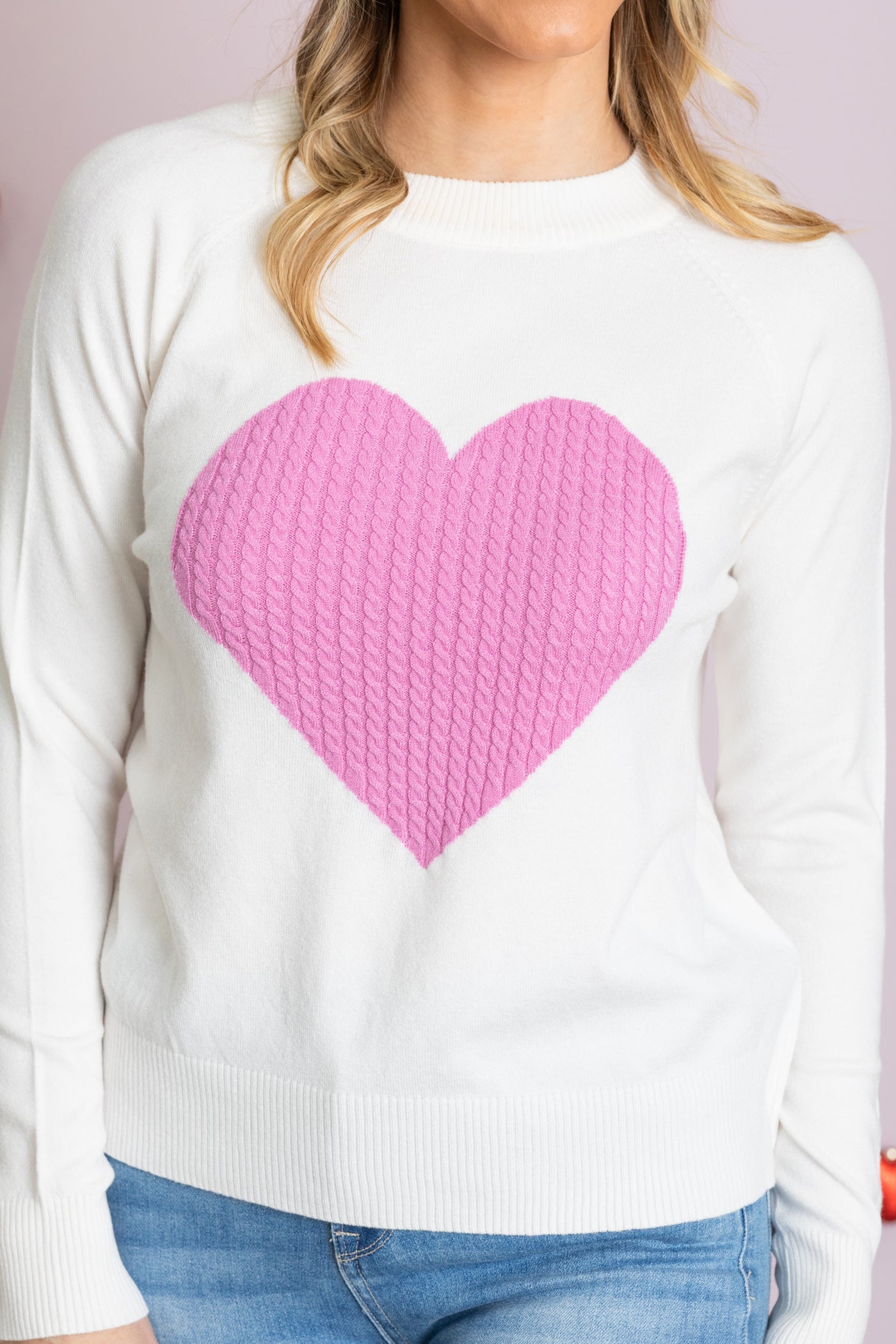 Ivory Heart Raglan Sleeve Pullover Sweater