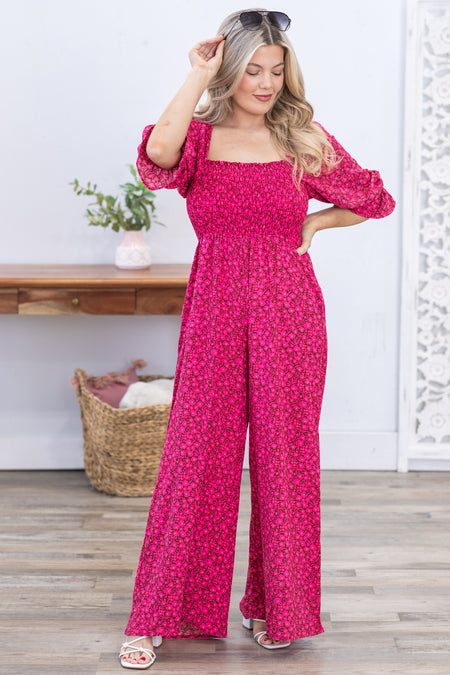 Fuchsia Floral Smocked Wide Leg Jumpsuit