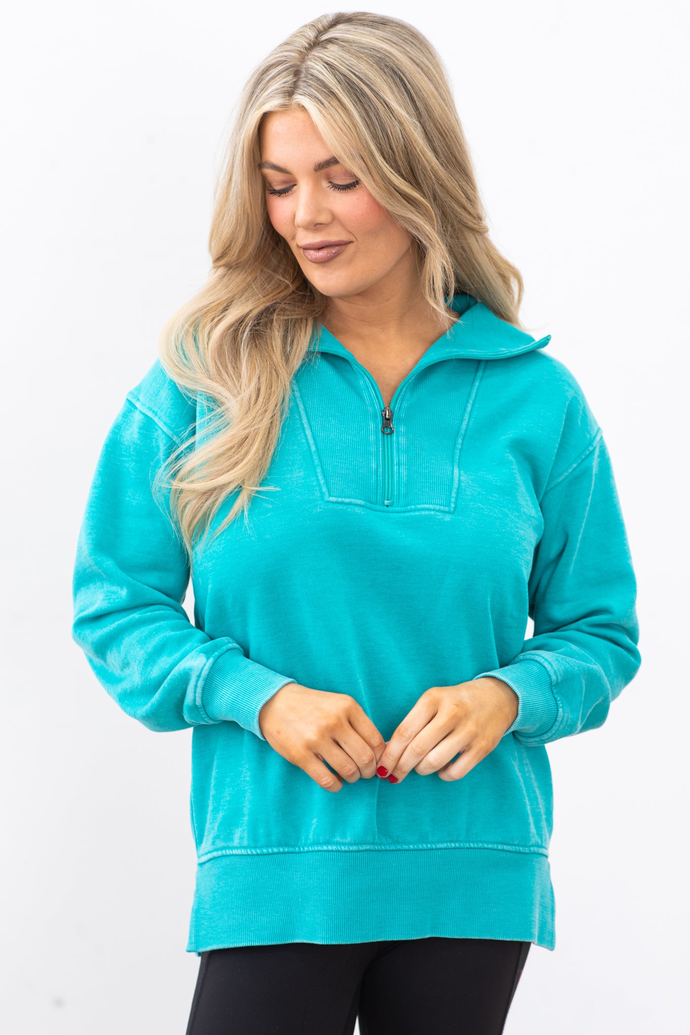 Turquoise 1/4 Zip Pigment Dyed Pullover · Filly Flair