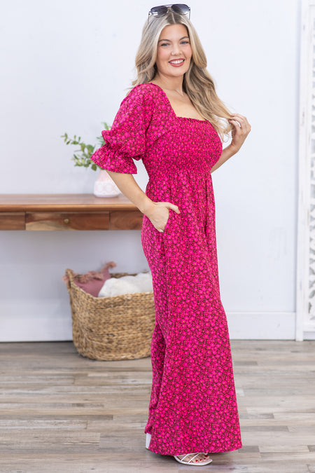 Fuchsia Floral Smocked Wide Leg Jumpsuit