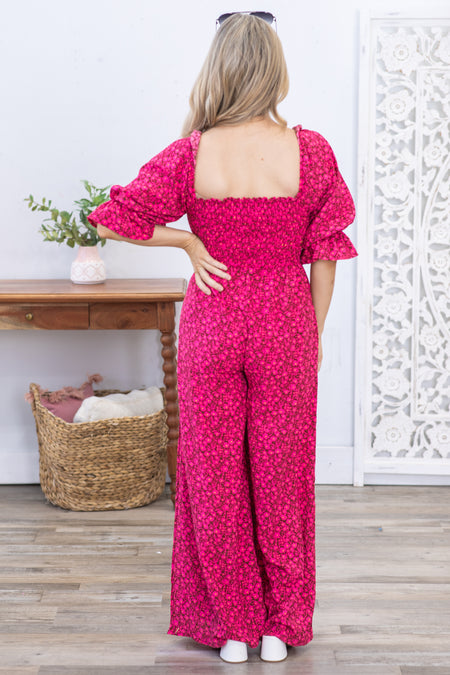 Fuchsia Floral Smocked Wide Leg Jumpsuit