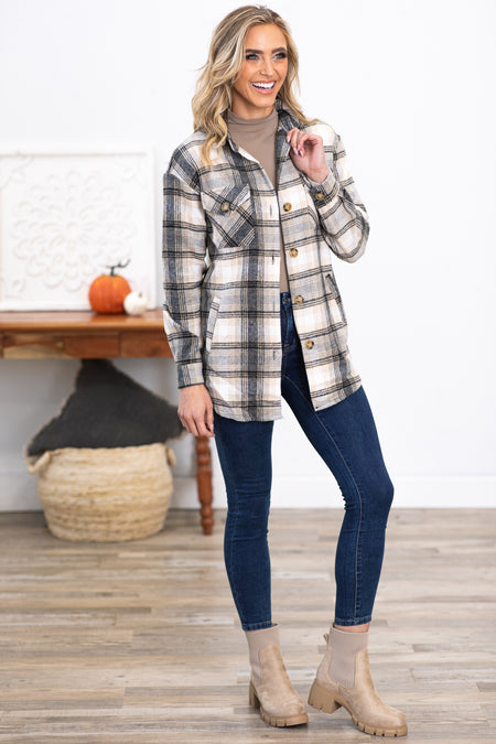 Grey and Off White Plaid Shacket With Pockets