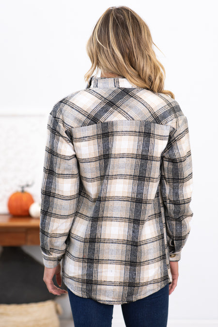 Grey and Off White Plaid Shacket With Pockets