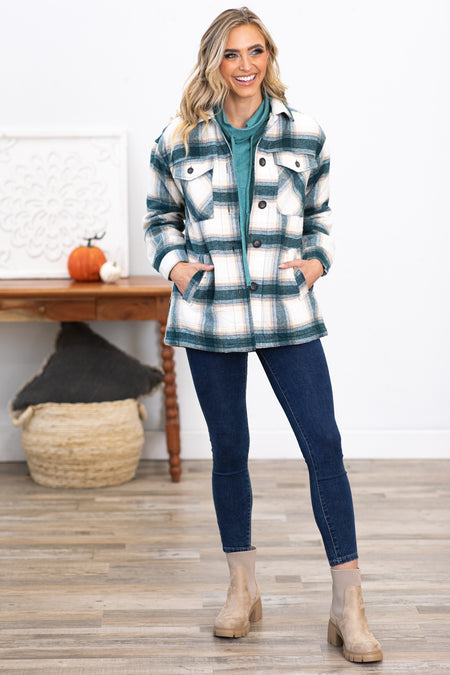 Emerald and Ivory Plaid Sherpa Lined Shacket