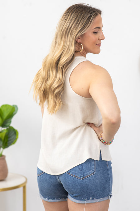 Beige Halter Neck Linen Tank