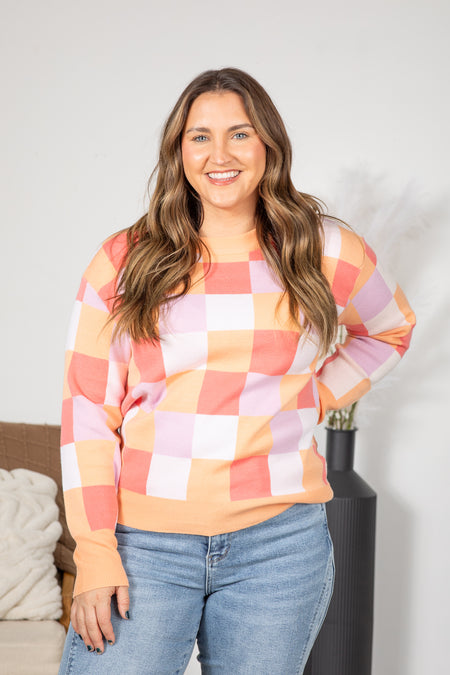 Multi Colored Checkerboard Print Knit Top