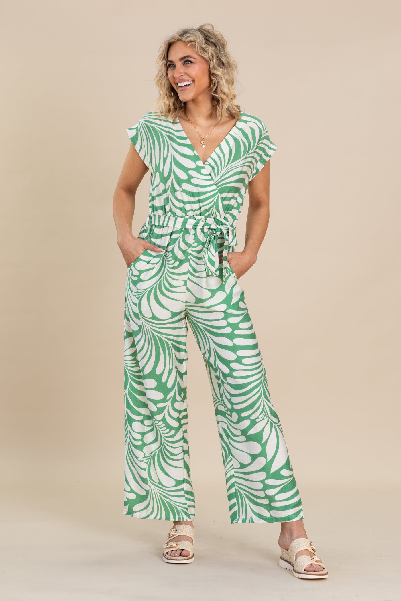 Green Surplice Belted Waist Printed Jumpsuit