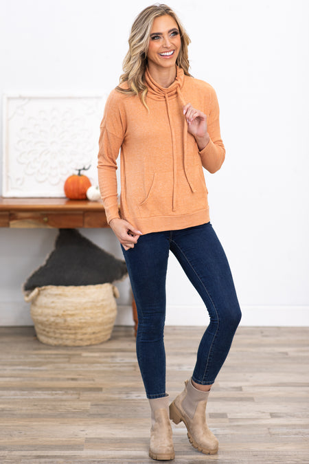 Orange Cowl Neck Top With Kangaroo Pocket