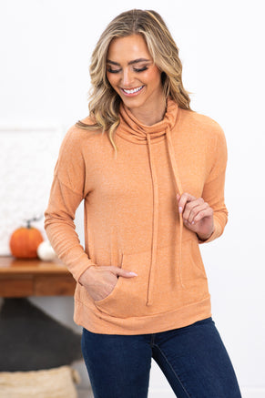 Orange Cowl Neck Top With Kangaroo Pocket