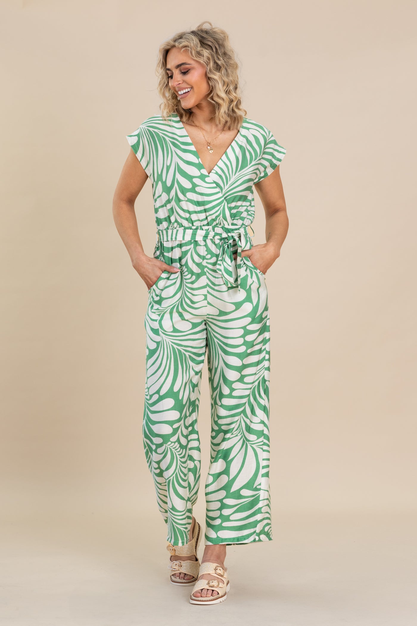 Green Surplice Belted Waist Printed Jumpsuit