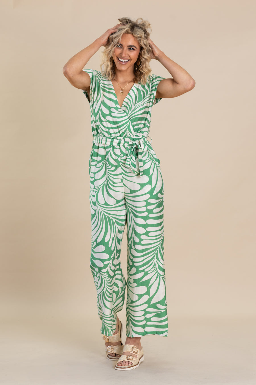 Green Surplice Belted Waist Printed Jumpsuit