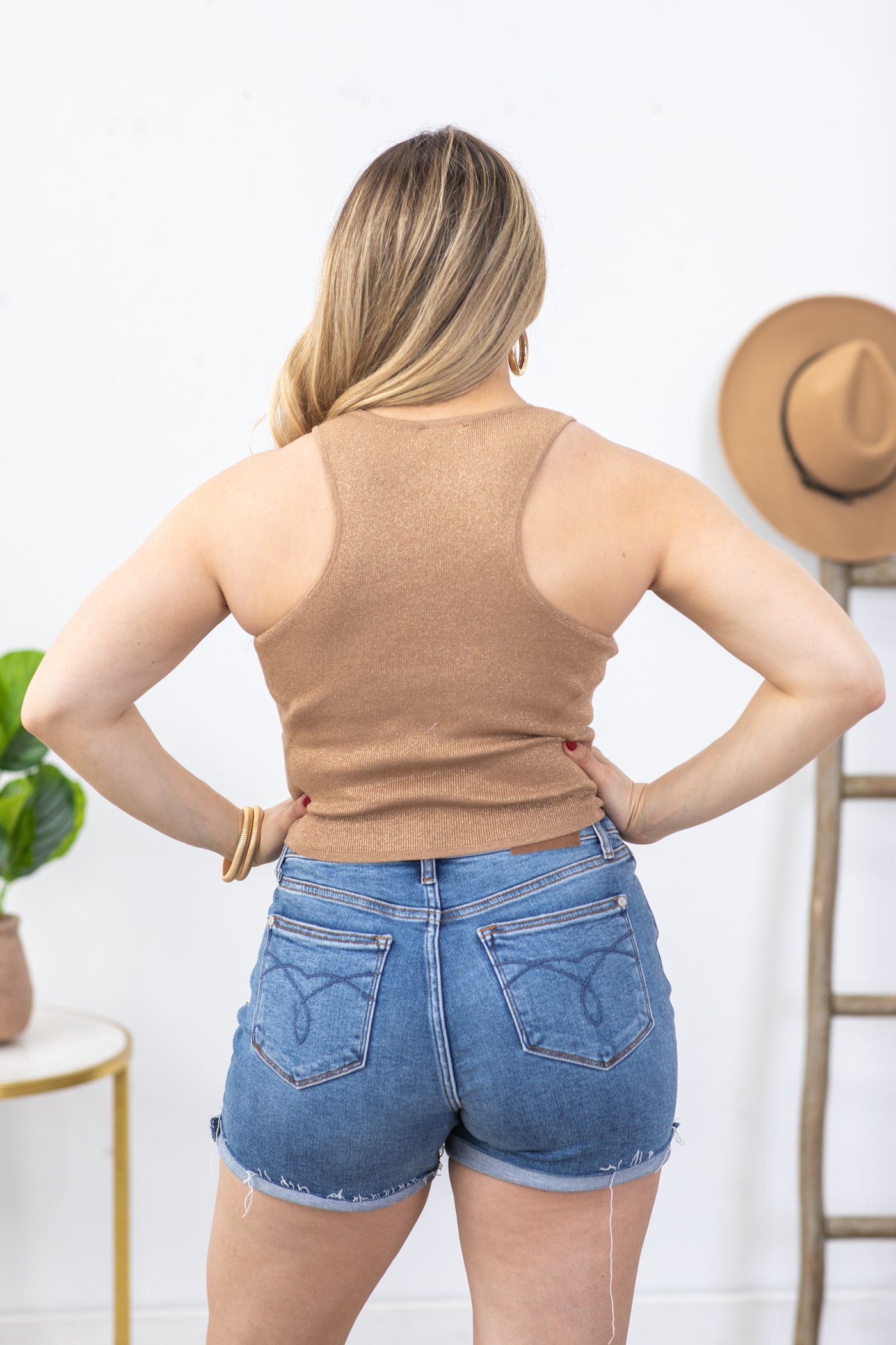 Taupe High Neck Racer Back Knit Tank Top