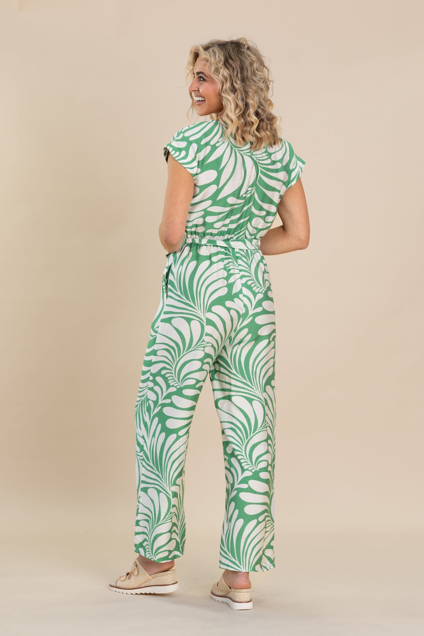 Green Surplice Belted Waist Printed Jumpsuit