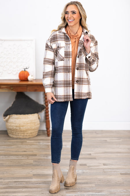 Mocha and Ivory Plaid Sherpa Lined Shacket