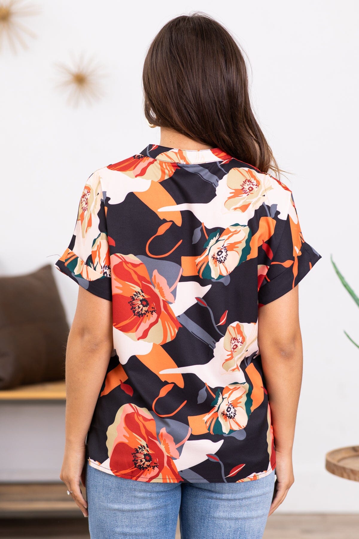 Black and Orange Floral Print Notch Neck Top - Filly Flair