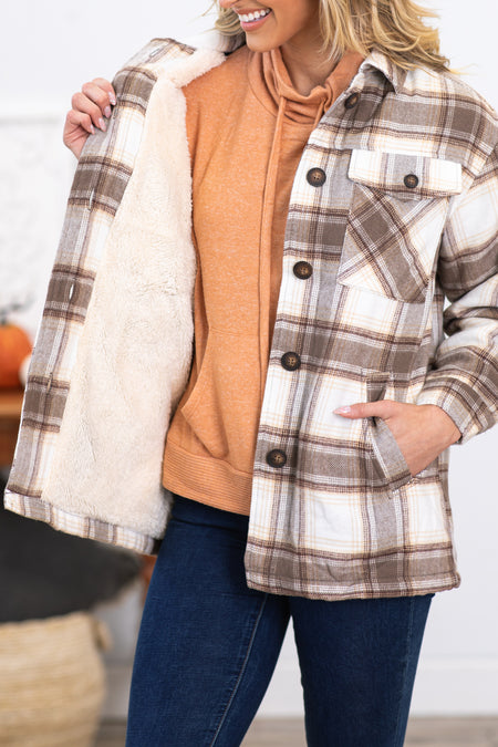 Mocha and Ivory Plaid Sherpa Lined Shacket