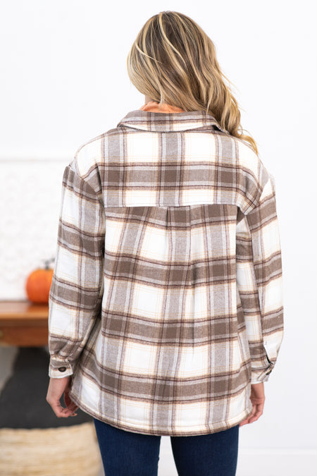 Mocha and Ivory Plaid Sherpa Lined Shacket