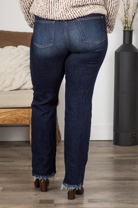 Judy Blue Dark Straight Leg Fray Hem Jeans