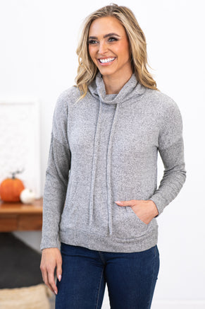 Light Grey Cowl Neck Top With Kangaroo Pocket