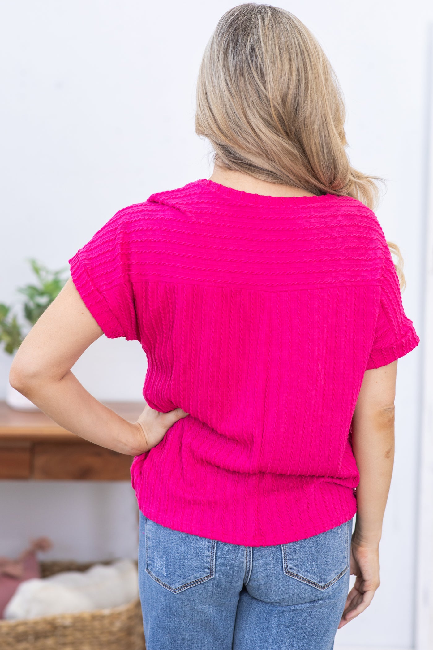 Fuchsia Dolman Cable Textured Knit Top