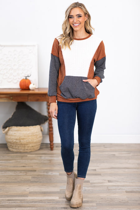 Rust and Charcoal Colorblock Top With Pocket