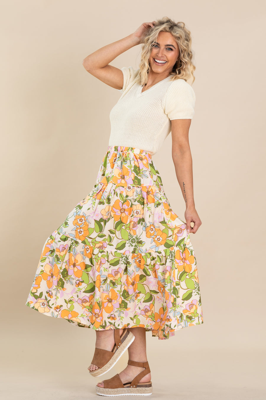 Orange Flower Print Elastic Waist Maxi Skirt