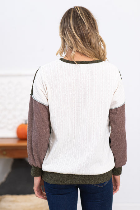 Olive and Mocha Colorblock Top With Pocket