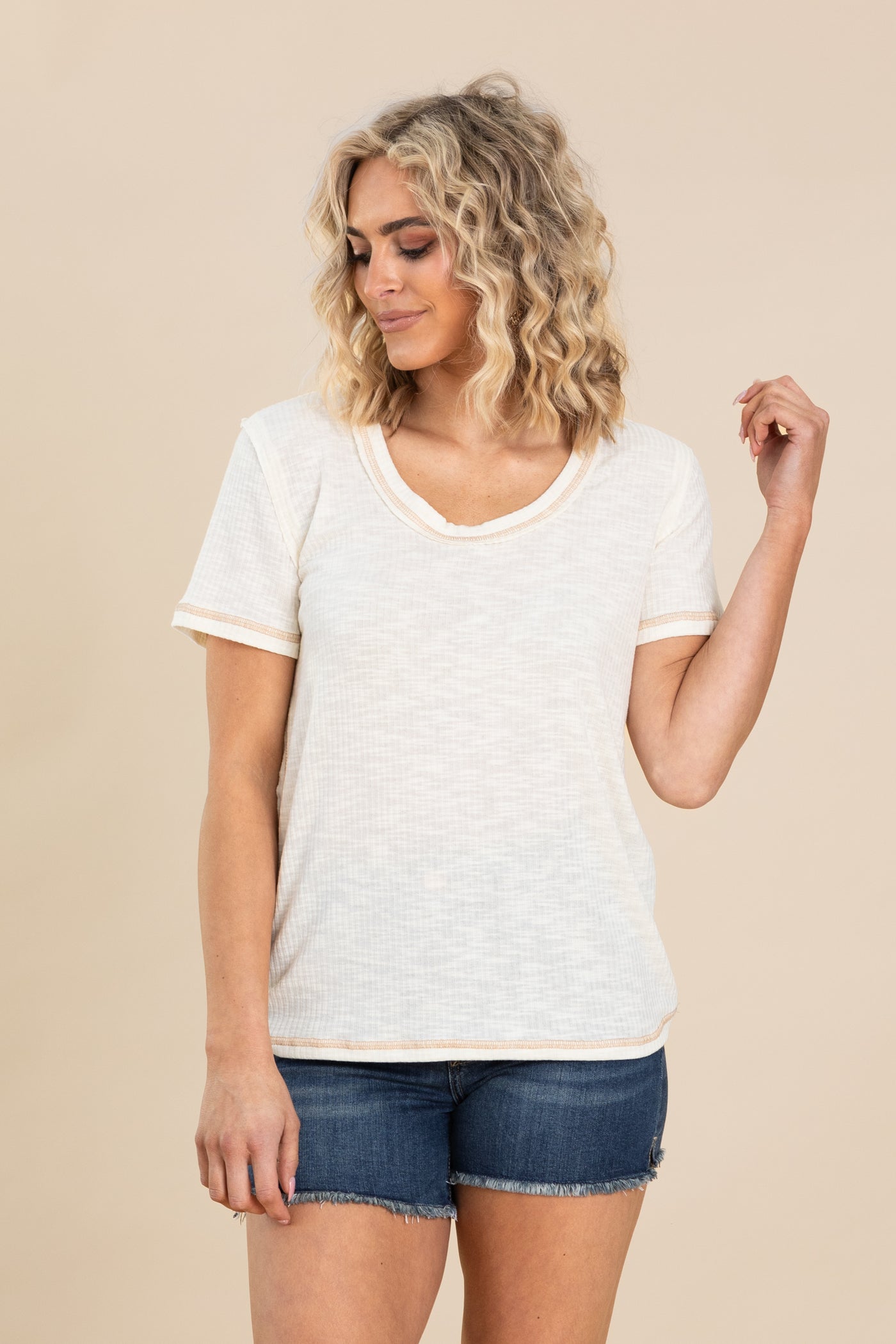 Round Neck Short Sleeve Solid Knit Tops