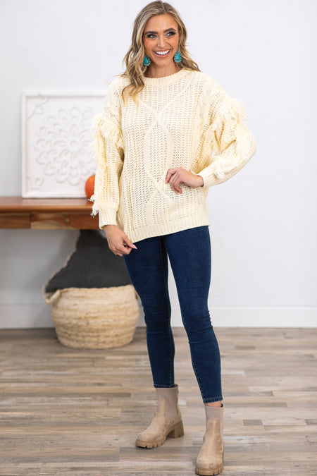 Cream Cable Knit Sweater With Fringe Trim