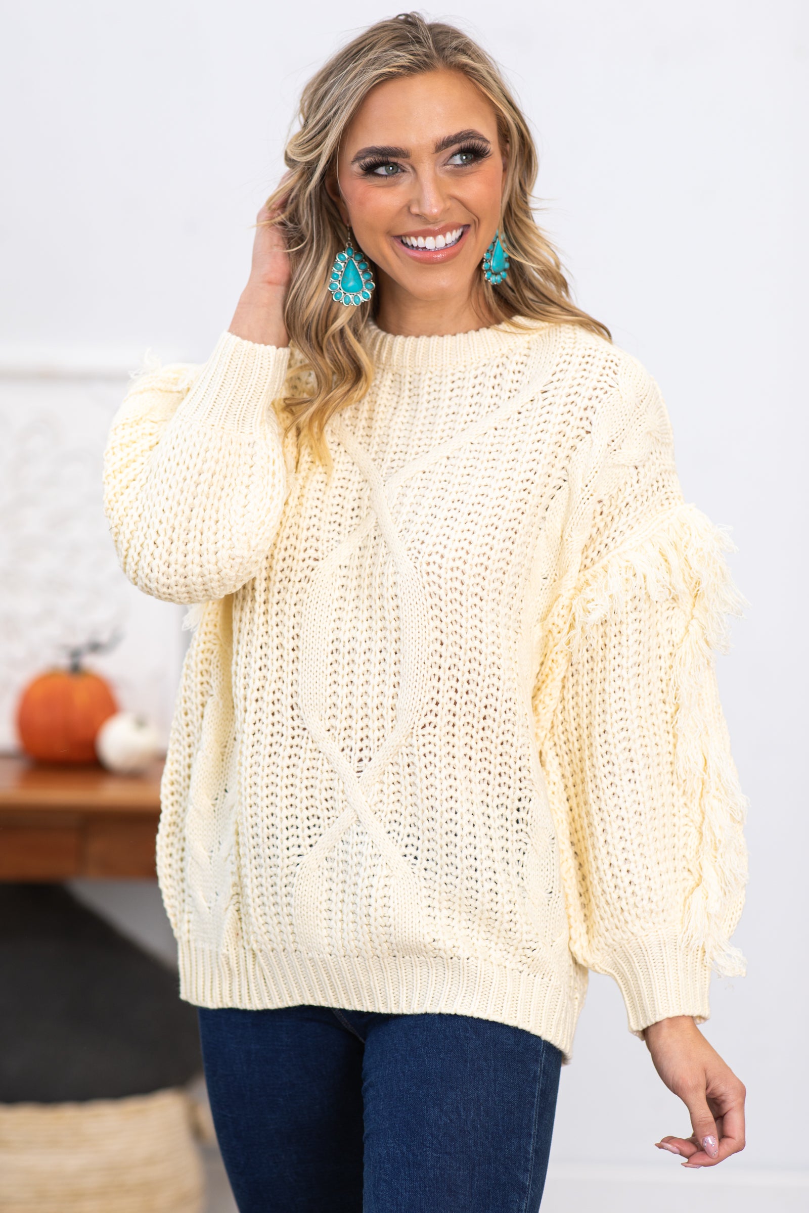 Cream Cable Knit Sweater With Fringe Trim