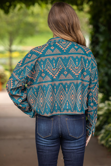 Teal and Cognac Aztec Print Jacket With Fringe