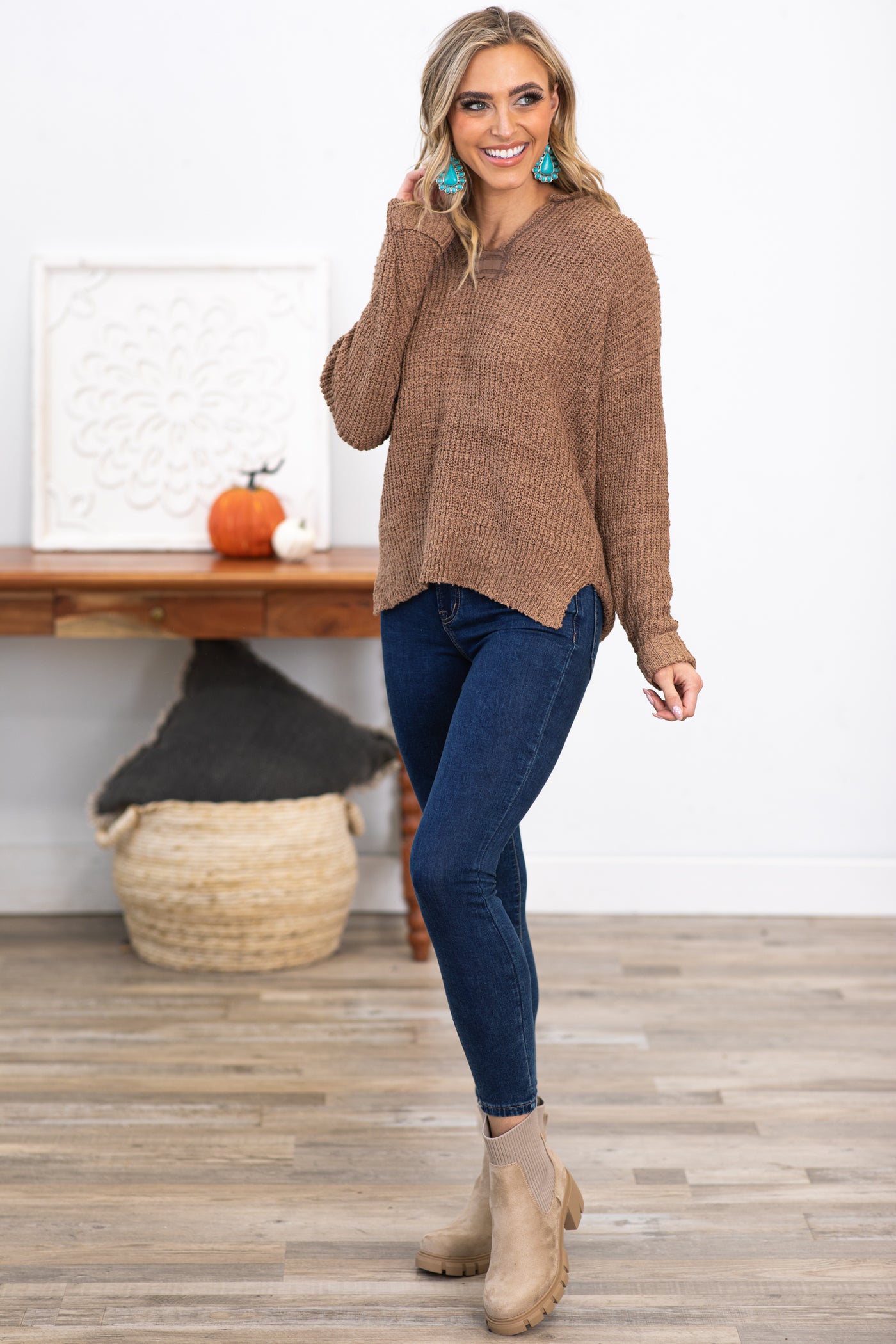 Mocha Cuff Sleeve Notch Neck Sweater