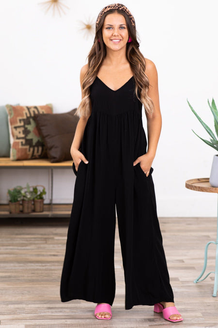 Black Wide Leg V-Neck Jumpsuit - Filly Flair