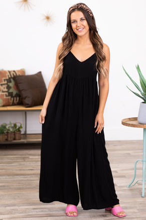 Black Wide Leg V-Neck Jumpsuit - Filly Flair