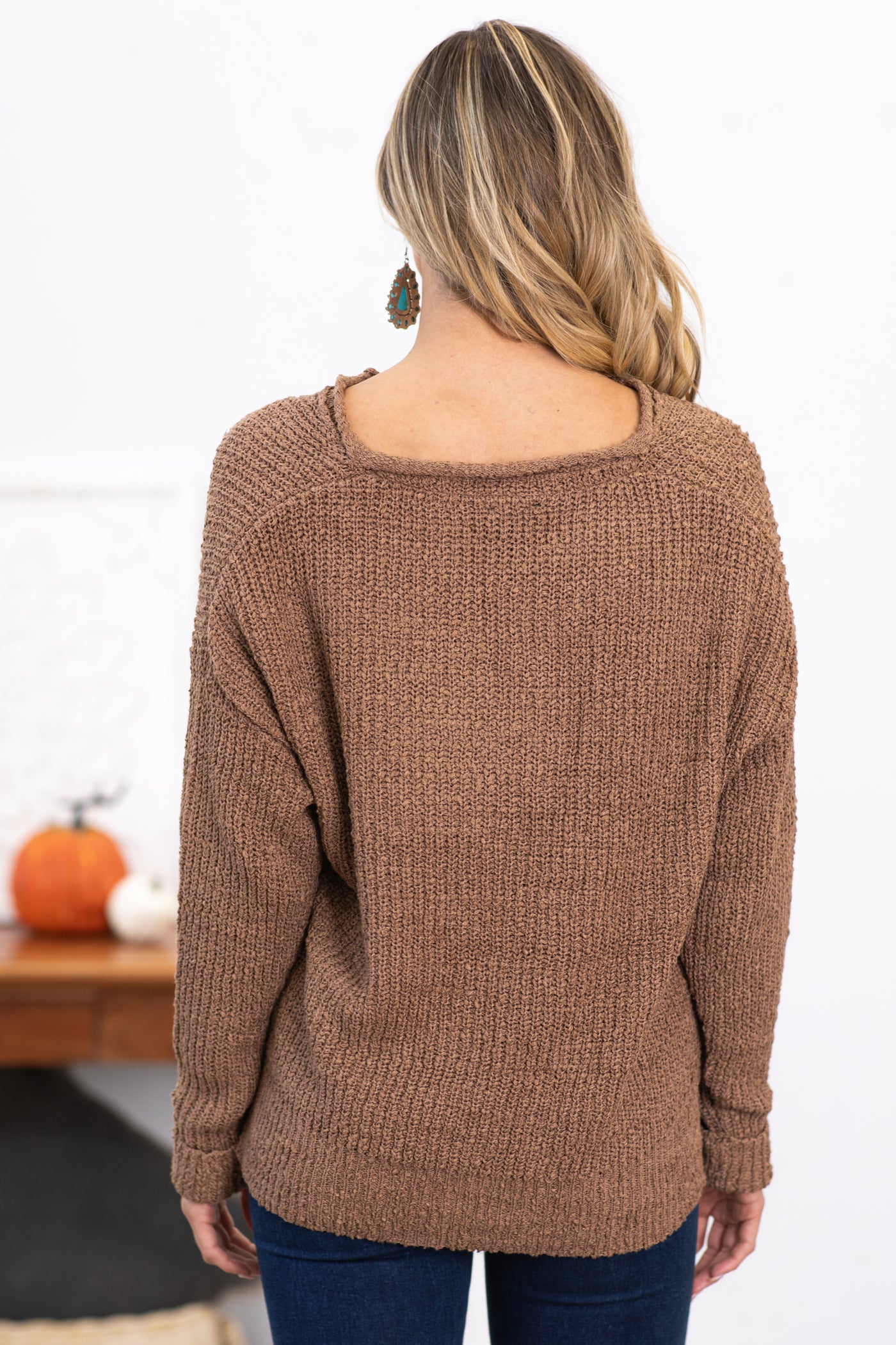 Mocha Cuff Sleeve Notch Neck Sweater